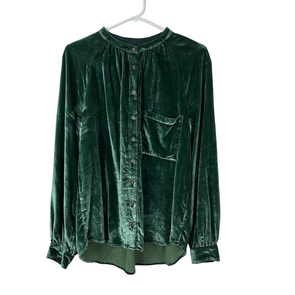 Anthropologie Pilcro Relaxed Velvet Buttondown Shirt in emerald green Size L